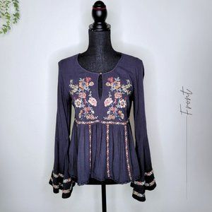BOHEMIAN DARK GRAY EMBROIDERED  TOP LONG BELL SLEEVES FOR WOMEN